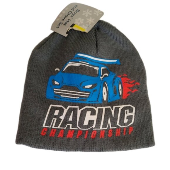 Boys Graphic Racing Car Grey Warm Fall Winter Beanie Toque Hat + Glove Set - Picture 1 of 5